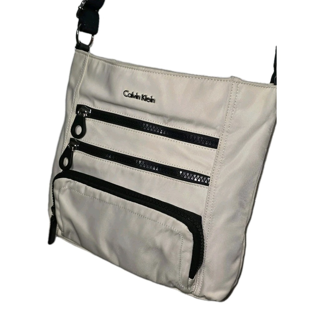 Calvin Klein Crossbody Bag Cream Nylon Multi Zip Pocket Casual GUC - Picture 1 of 8